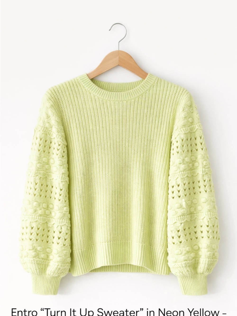 entro Neon Yellow Crewneck Knit Sweater with Balloon Sleeves